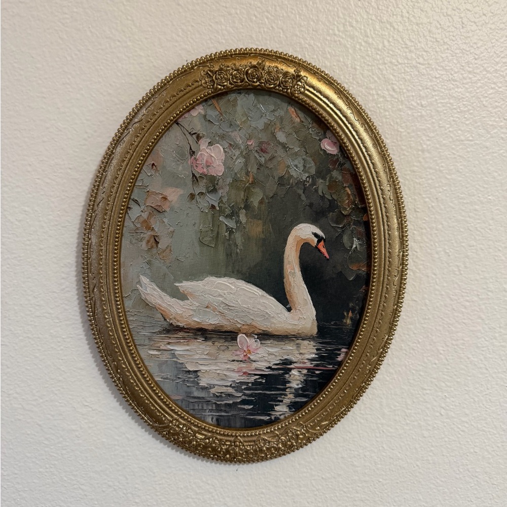 11x14 “lake Swan” Framed Oval glold glittery frame White Swan with Pink Flowers - Picture 2 of 12
